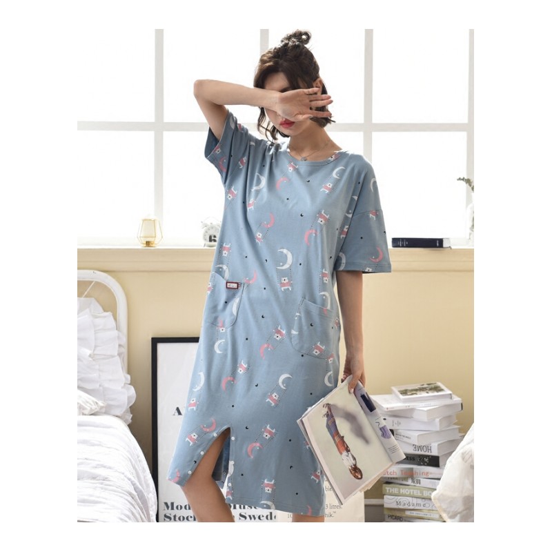 韩版清新可外穿连体睡衣夏季女士短袖棉宽松甜美可爱中长款睡裙