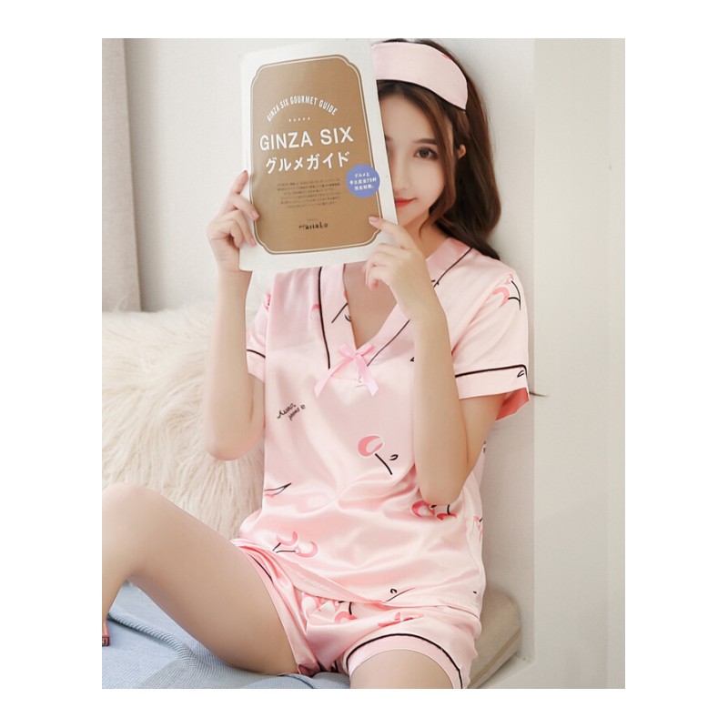 睡衣女夏冰丝少女公主套装韩版V领甜美清新学生仿分体粉色羽毛