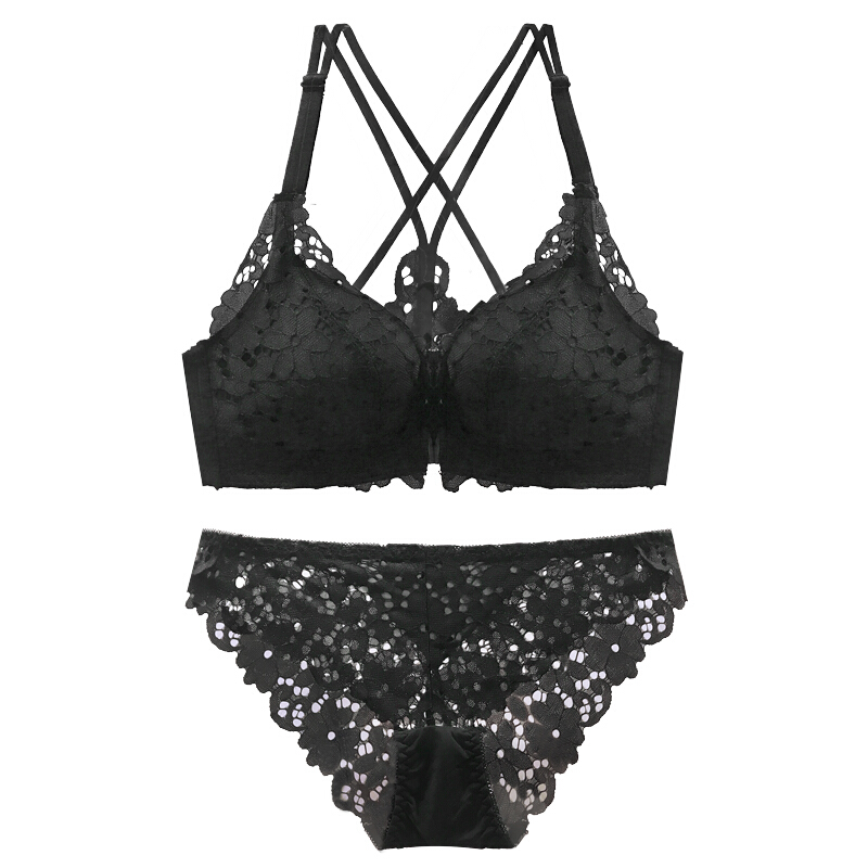 前扣文胸套装聚拢小胸无钢圈性感胸罩夏季上薄下厚无痕内衣女美背黑色套装底围偏小