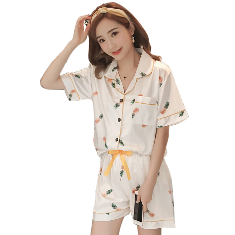 睡衣女夏季套装韩版开衫翻领短袖学生两件套冰丝绸少女家居服