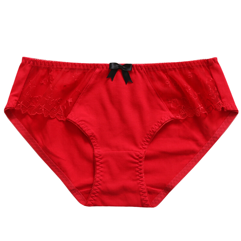 本命年日系大红色棉质中低腰内裤女棉质质面料蕾丝性感结婚礼盒装