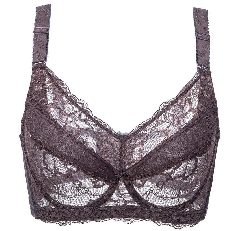 大码文胸款全罩杯女士内衣胖mm夏季大罩杯睡眠性感无海绵胸罩咖啡色透明款