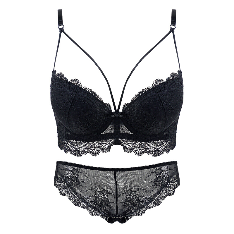 新品舒适性感黑色蕾丝小胸加厚少女胸罩细肩带欧美款聚拢内衣文胸
