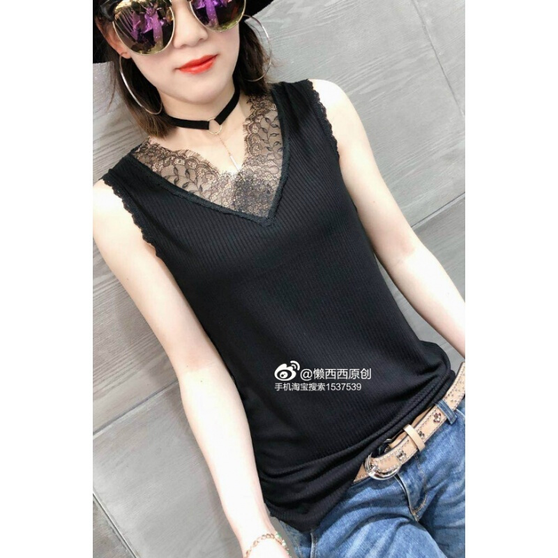 欧货V领无袖带背心女蕾丝拼接木代尔棉百搭外穿显瘦宽松上衣潮
