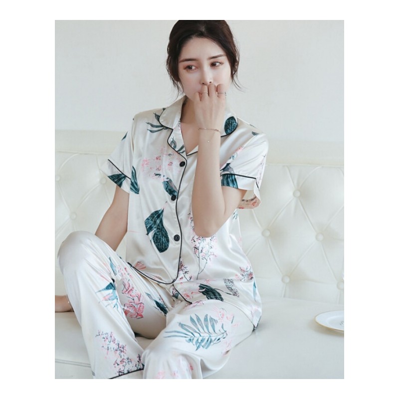 睡衣女夏套装韩版短袖长裤两件套冰丝宽松薄款可外穿家居服百合花短袖长裤-款收藏优先货