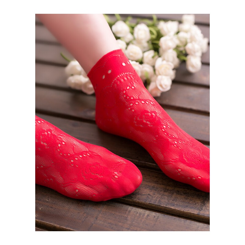 大红色袜子女蕾丝本命年结婚袜子男红色薄款喜庆新娘袜子短袜红色蕾丝花边均码