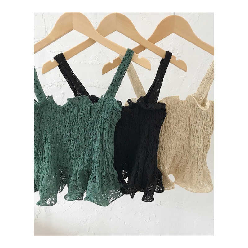 夏季新款性感蕾丝荷叶边百搭短款带上衣女时尚小清新褶皱背心潮黑色均码