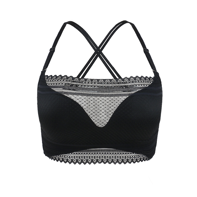 无痕无钢圈文胸性感抹胸蕾丝聚拢细肩带裹胸式胸罩少女防走光内衣夏梦黑色单件