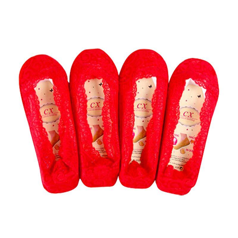 大红色蕾丝袜子春夏季女士隐形袜 硅胶防滑船袜女喜庆袜本命年袜 大红色 均码