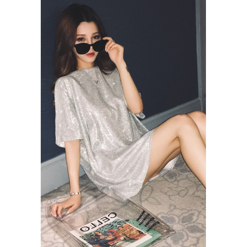 2017新款夏套头短袖银丝打底衫女宽松亮丝中长款T恤百搭时尚上衣