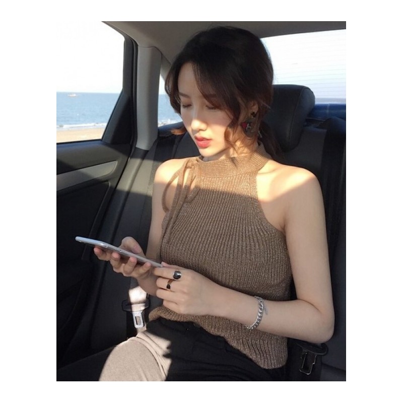 春夏季性感挂脖系带无袖针织打底衫带修身短款纯色上衣背心女装 图片色 均码