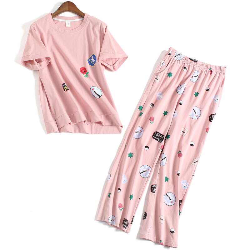 诺盾夏天睡衣女棉短袖家居服女夏季大码韩版长裤薄款两件套套装