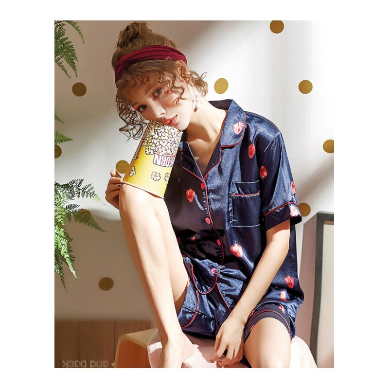 ins风睡衣女夏季冰丝绸甜美莓少女两件套装日系软妹短袖家居服