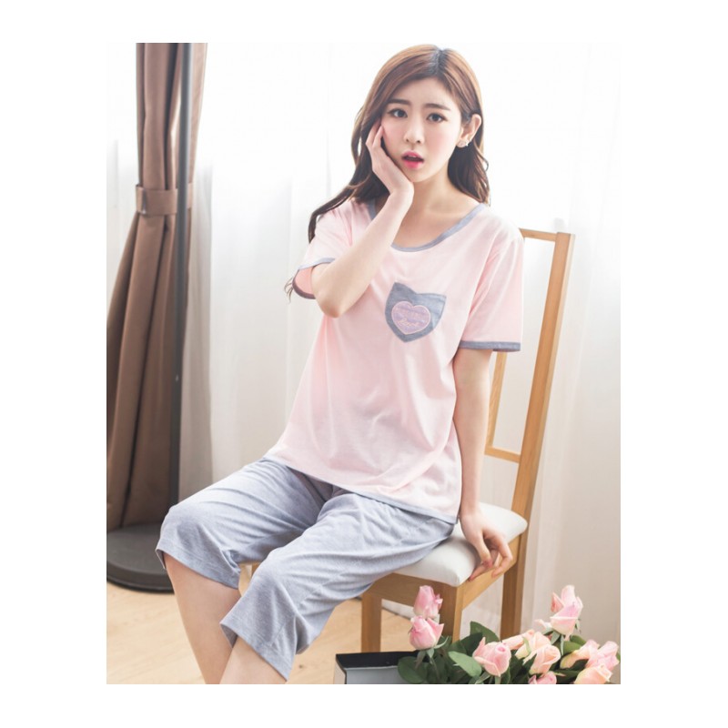 睡衣女夏套装棉短袖七分裤两件套薄款中裤大码宽松家居服可外穿粉红色C301
