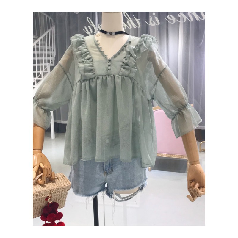 2018夏季新款百搭修身打底带背心+七分袖V领透明雪纺衫套装女白色均码