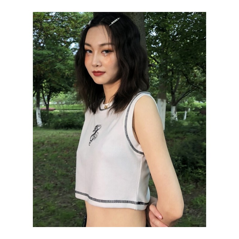 原宿坎肩背心女夏外穿工系短款bf无袖显胸大上衣宽带露肚脐超短小白色龙啊