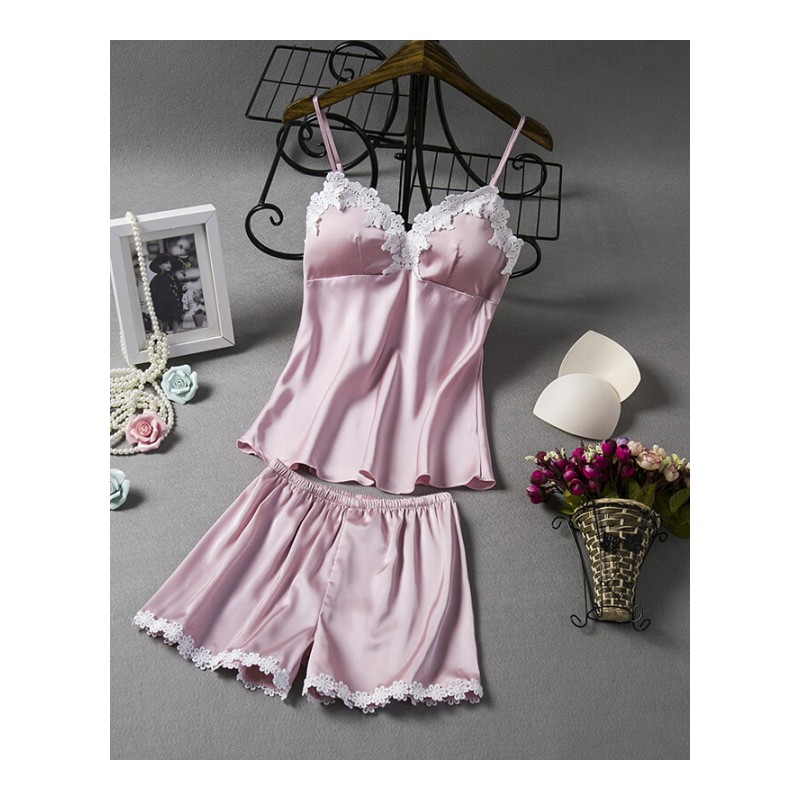 春夏季新女带短裤性感睡衣两件套装丝绸家居服蕾丝带胸垫韩版