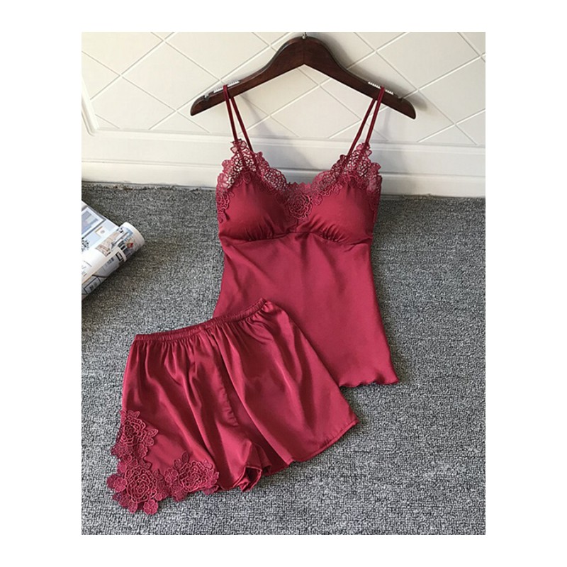 性感冰丝带睡衣韩版两件套丝绸少女无袖蕾丝大码家居服套装酒红色红色新款冰丝