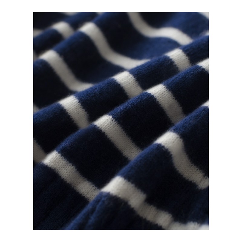 2017秋冬季新款羊绒衫女装V领修身蓝白条纹加厚套头针织衫