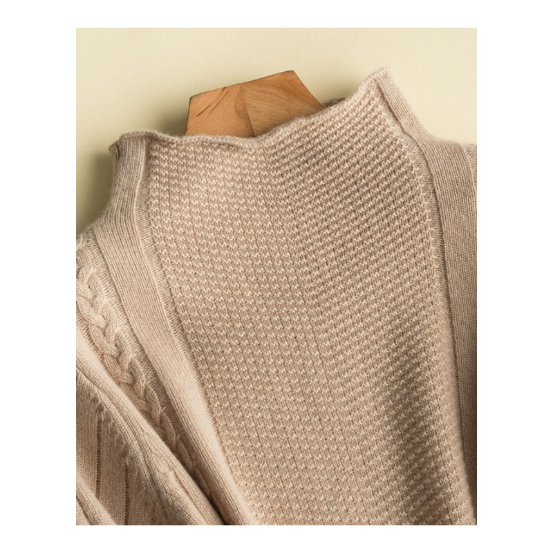 2017秋冬季新款羊绒衫女装半高领修身扭花卷边加厚套头针织衫