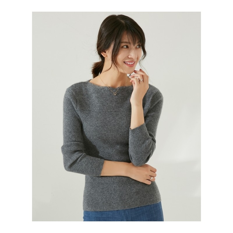 新款羊绒衫女一字领抽条纯色羊毛衫修身显瘦保暖套头毛衣针织打底