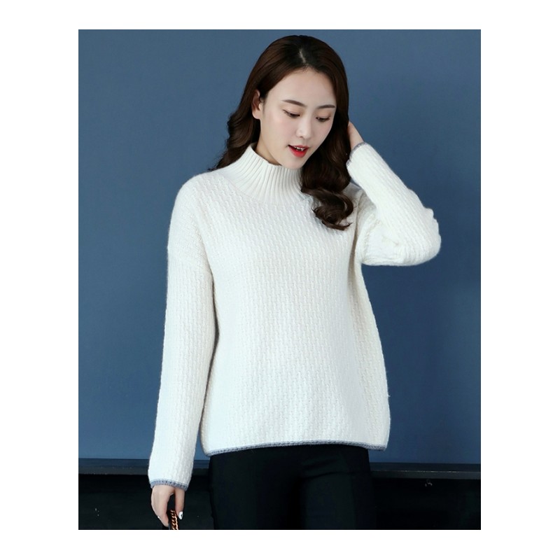 18年秋冬新款女小疙瘩羊绒衫针织打底下摆线拼色修身短款毛衣