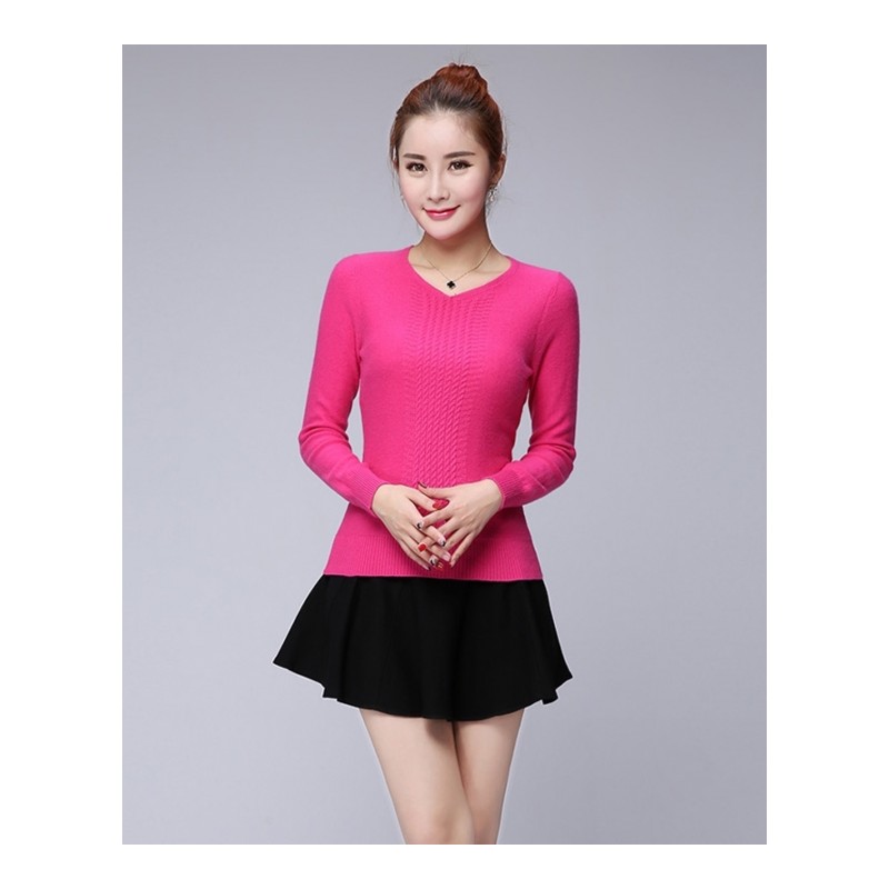 秋冬新款女式短款v领山羊绒针织衫修身显瘦时尚百搭绞花打底