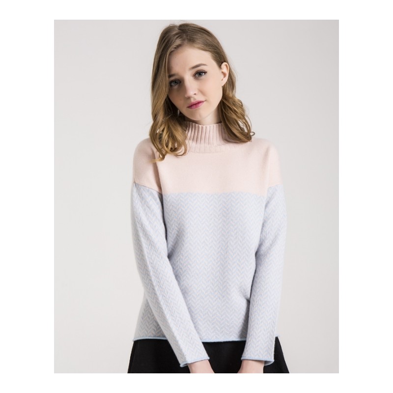 女式秋冬新款山羊绒衫 纯色半高领拼色短款羊绒衫外套针织衫