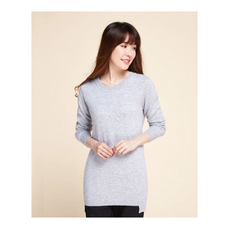 秋冬女式山羊绒衫 纯色平面圆领前短后长羊绒衫加厚针织毛衣