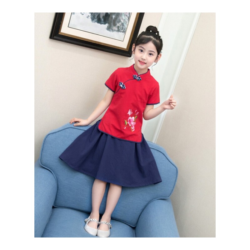 女童夏装套装2018新款夏中国民族风童装女宝宝旗袍儿童短袖两件套