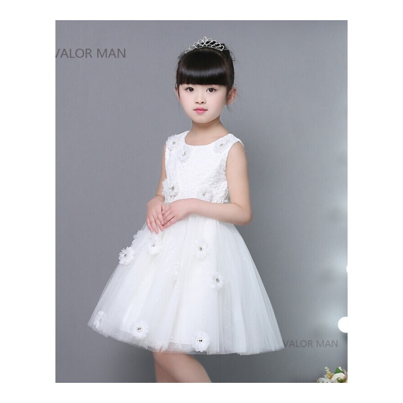 白色贴花女童公主裙夏季新款儿童钢琴演出服花童婚纱礼服