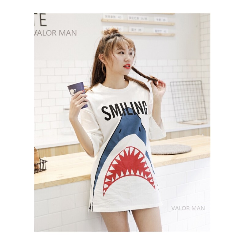 2018亲子装新款春夏韩版鲨鱼T恤童装家庭装鲨鱼子装T恤