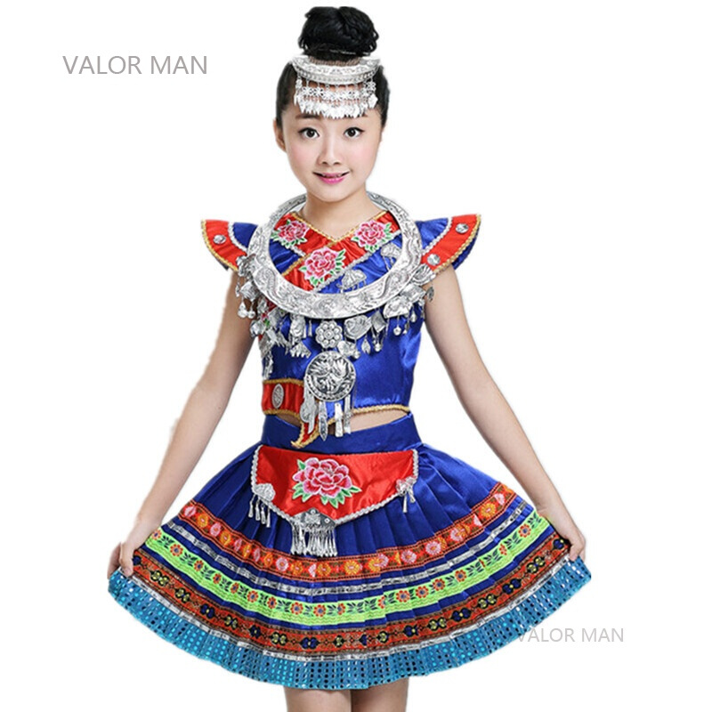 新款六一儿童苗族演出服侗族舞蹈服装少数民族壮族瑶族表演服女童蓝色上衣+百褶裙