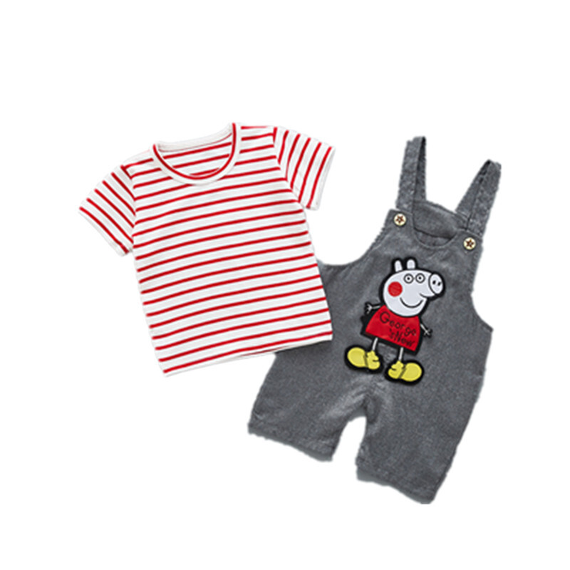 宝宝夏装男0-1-3周岁婴儿衣服潮款男童女童小猪佩奇衣服短袖T套装红色佩奇纯棉背带套装