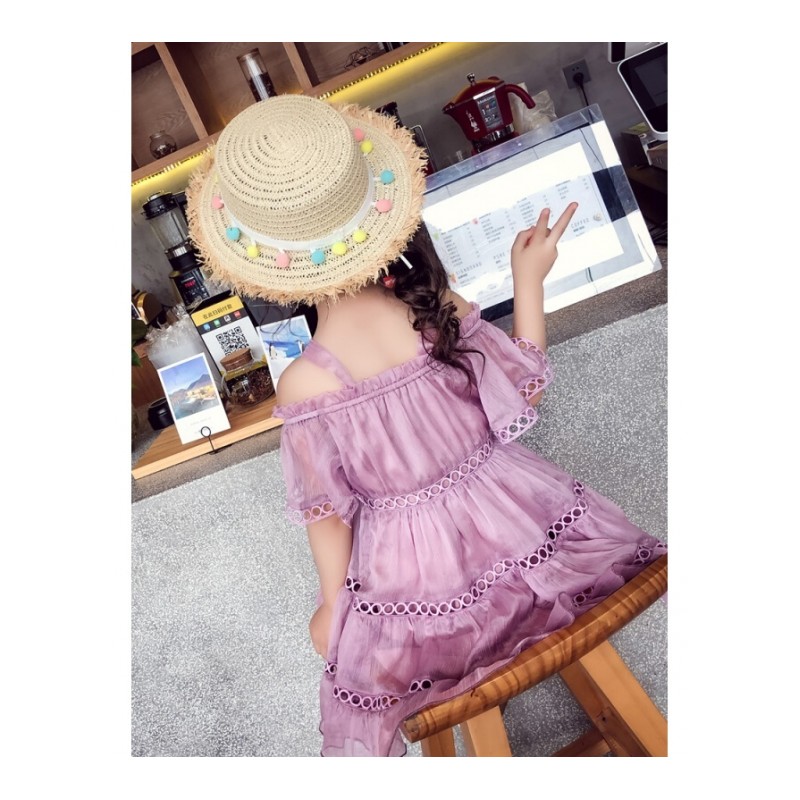 女童连衣裙2018夏装韩版儿童带一字肩雪纺裙洋气公主裙子紫色现货
