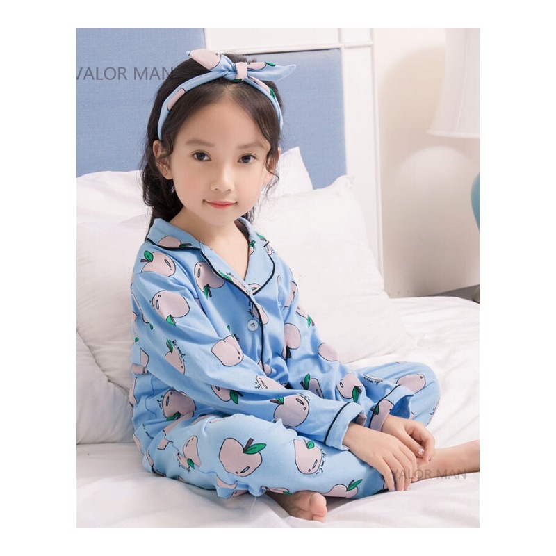 童装韩版2018春季新款儿童睡衣套装中大童纯棉印花家居服女童套装蓝色