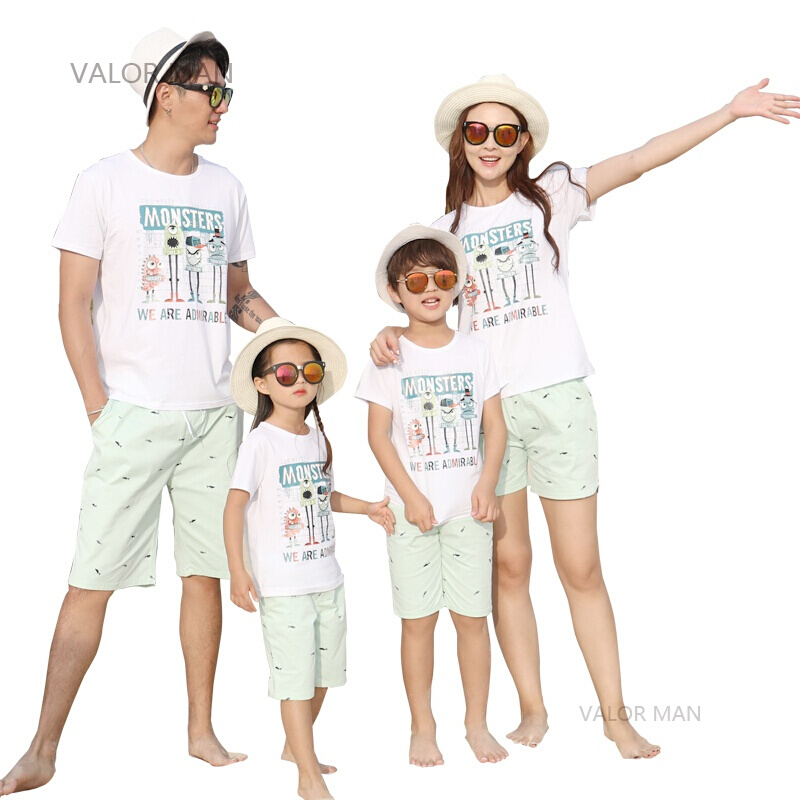 亲子装2018夏装新款潮海边度假沙滩父子母女纯棉休闲旅游家庭套装