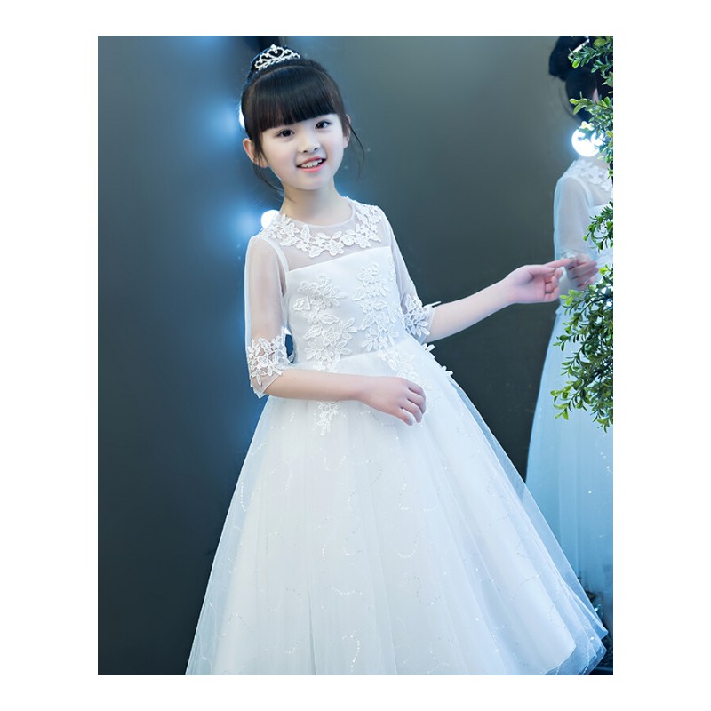 公主裙女童蓬蓬纱长款白色花童礼服主持人钢琴演出儿童婚纱