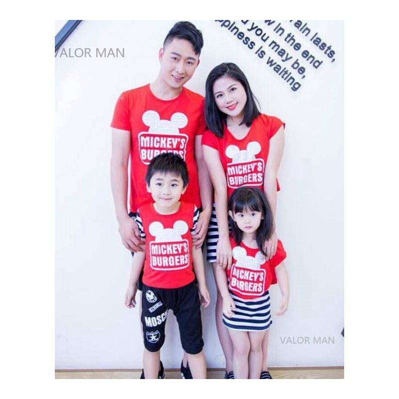2018夏季新款亲子装母女连衣裙夏季一家四口韩版父子T恤家庭套装红色