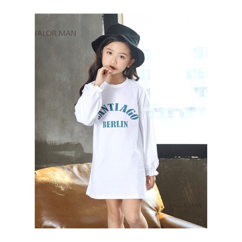 童装2018春季新款韩版女童长袖连衣裙中大童长款T恤纯棉白色