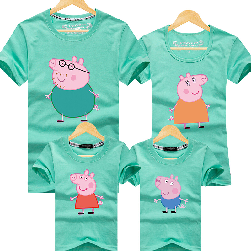 小猪佩奇童装亲子装夏装2018新款7潮全家装母子母女装沙滩短袖T恤小猪佩奇果绿色