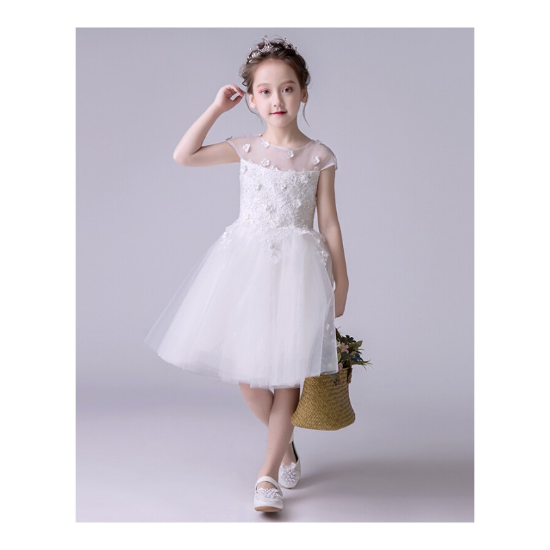女童钢琴演出服夏季儿童白色生日公主裙花童婚纱蓬蓬裙主持人礼服白色