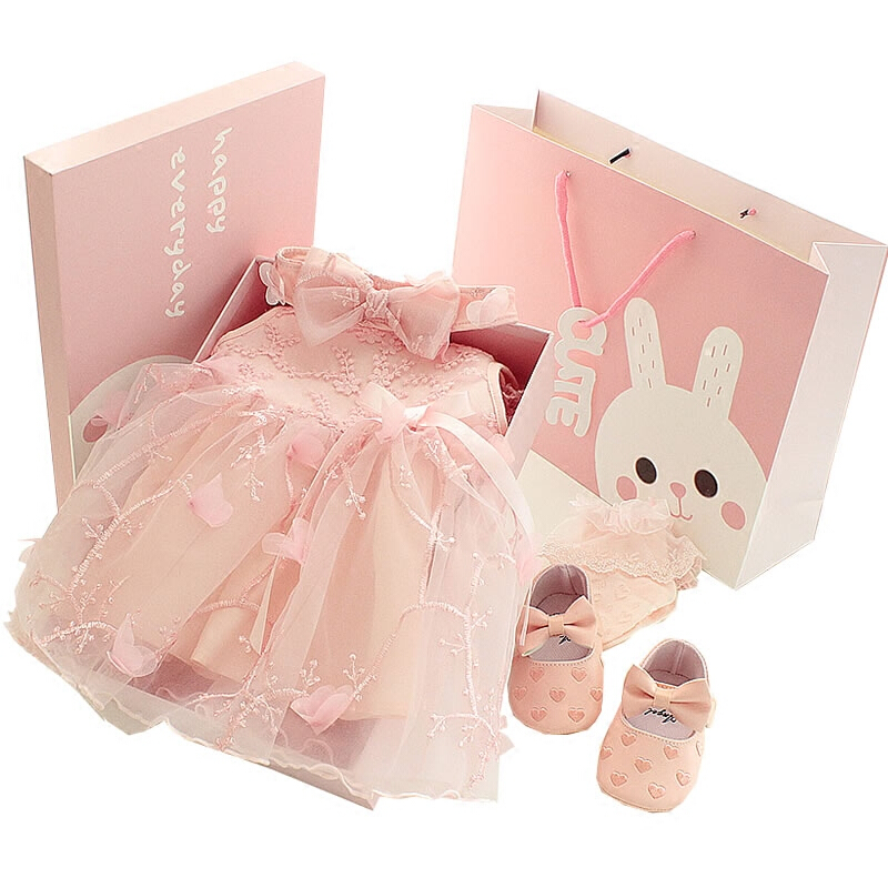 儿婴儿礼盒公主裙套装夏季纯棉送女宝宝满月周岁礼服粉红色