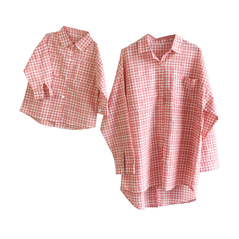 2018新款夏季亲子装格子衬衫韩版粉色母子装男女童中长款防晒衣潮
