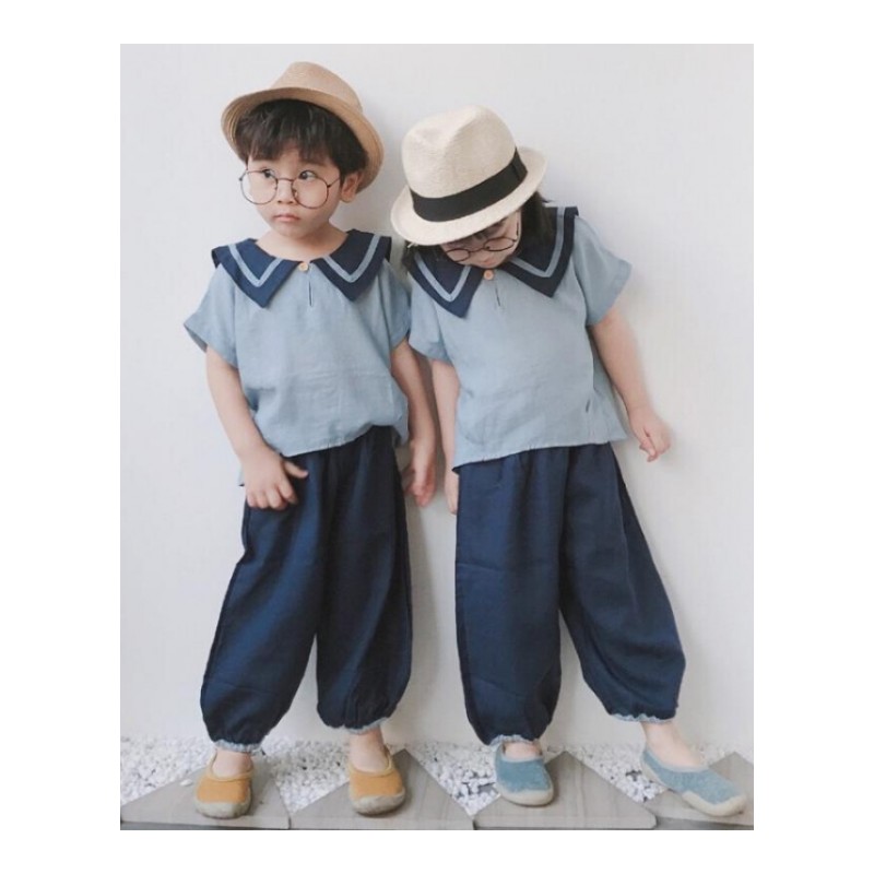 2018夏新款男女童韩版海军风休闲套装儿童棉麻灯笼裤衬衫两件套图片色