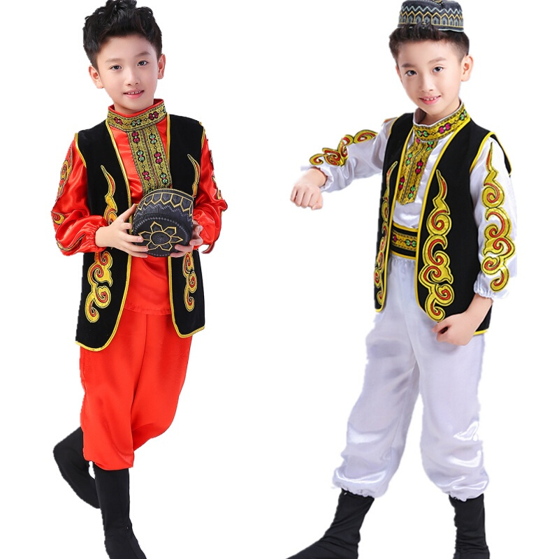 新款六一儿童男女舞蹈演出服装新疆舞大摆裙维吾尔族哈萨克族回族红色女款送帽子100cm20-30斤