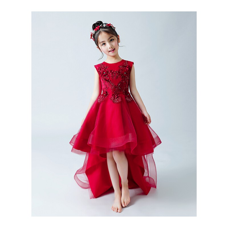 儿童礼服公主裙蓬蓬纱女童红色走秀晚礼服拖尾小主持人钢琴演出服