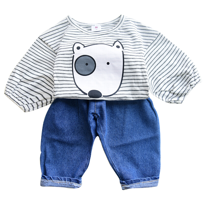 女童春装套装2018新款童装洋气潮韩版卡通T恤打底衫牛仔裤两件套黑色3/80码身高约80cm