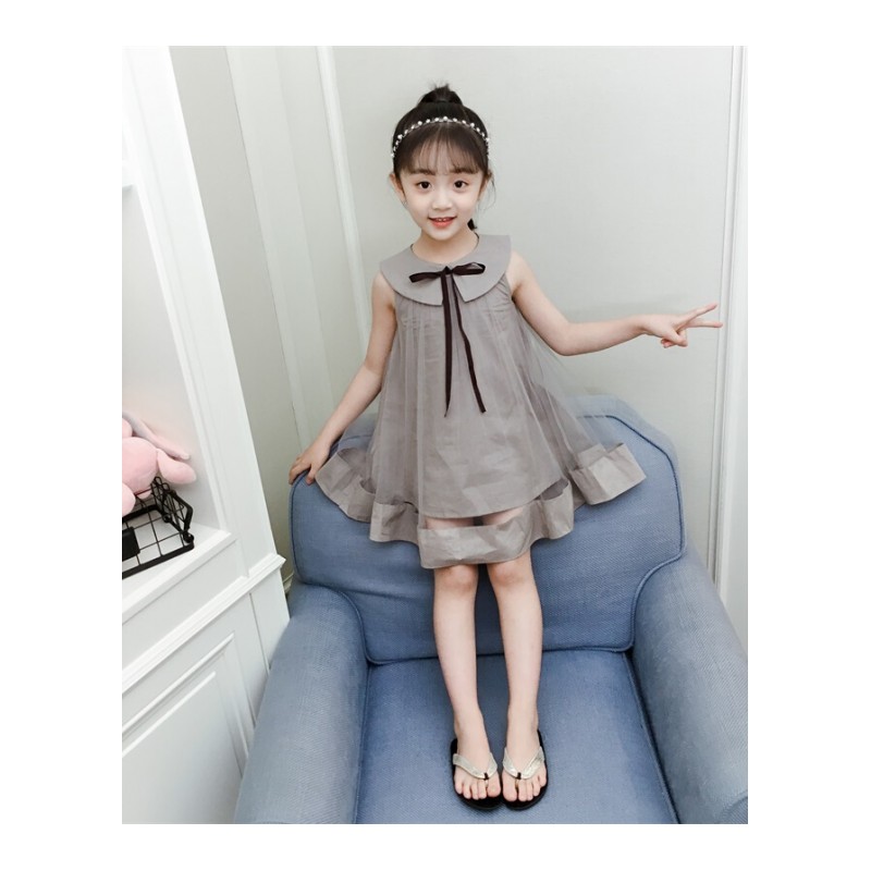 童装女童连衣裙2018夏季韩版公主裙儿童夏装无袖娃娃领网纱裙