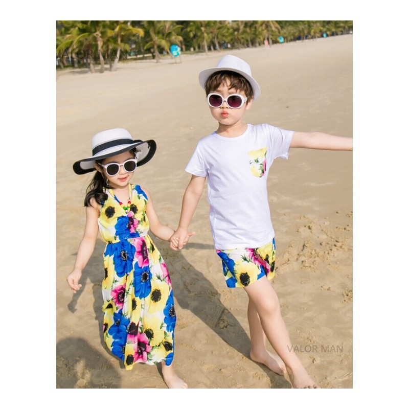 情侣沙滩亲子装夏旅游度假家庭装一家四口时尚母女连衣裙清新墨菊图案